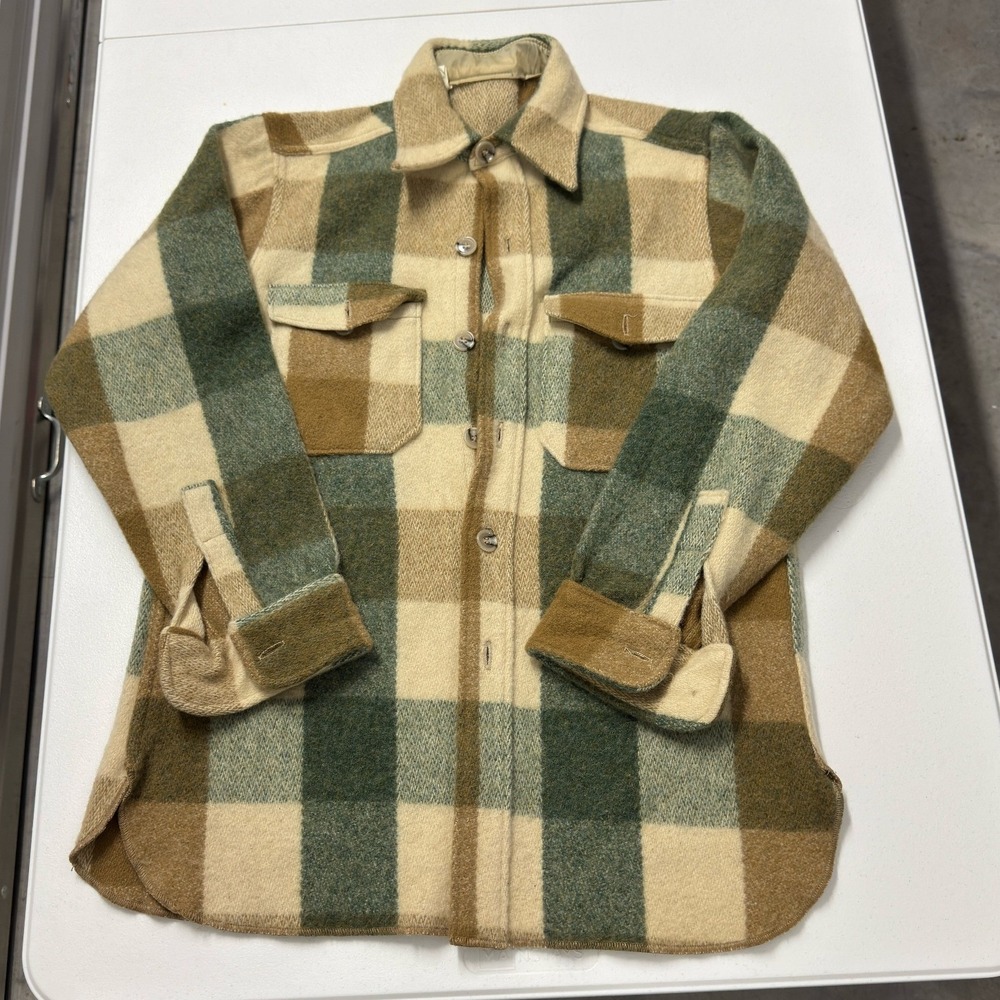 Vintage Wool Flannel Shirt Jacket Mens M Green Tan Plaid Excellent Shacket